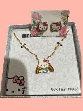Hello Kitty Gold-Tone Rainbow Pendant Necklace and Stud Earrings